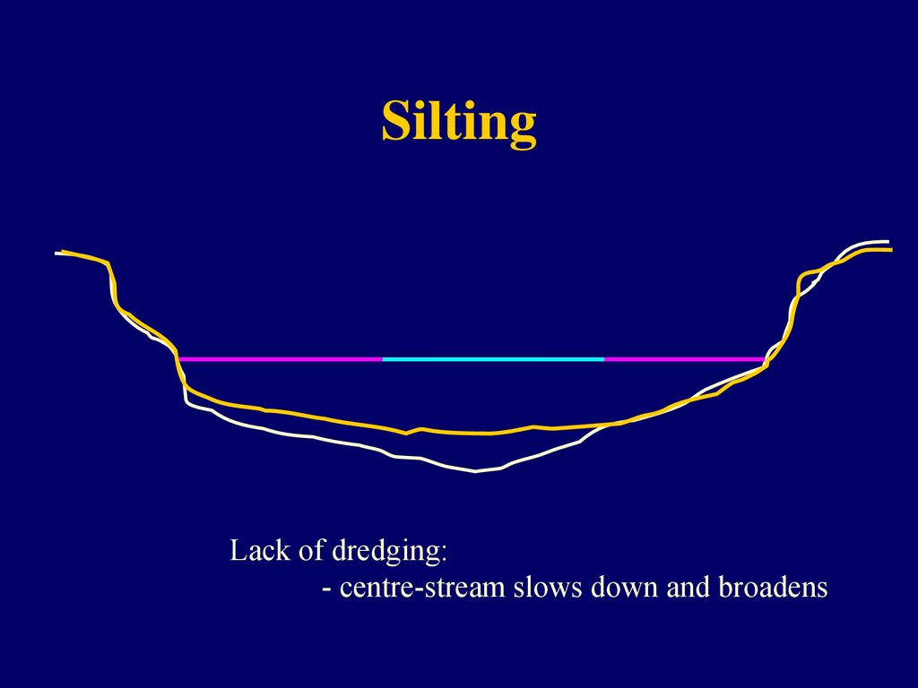 Silting Lack of dredging: - centre-stream slows down and broadens