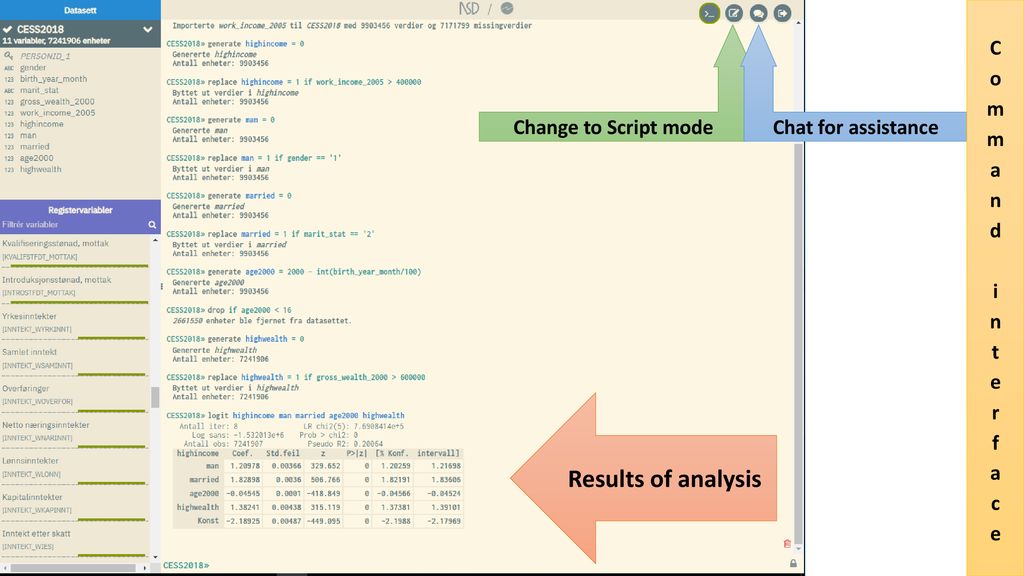 Results of analysis Command interface Change to Script mode