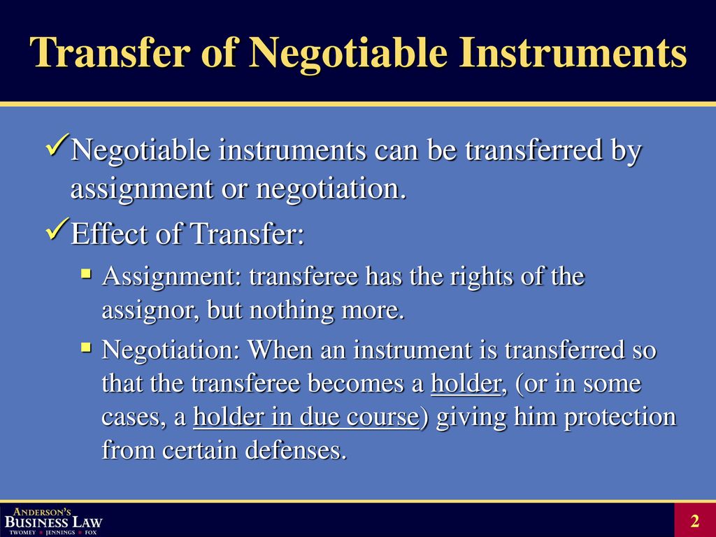 transfer by assignment negotiable instrument