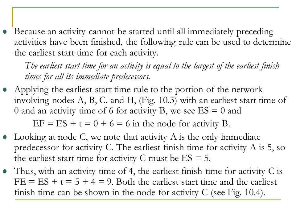 EF = ES + t = = 6 in the node for activity B.