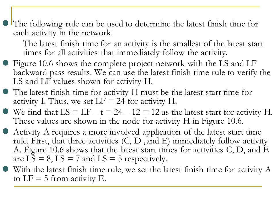 The following rule can be used to determine the latest finish time for each activity in the network.