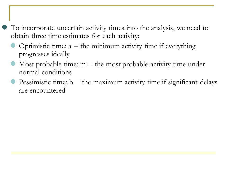 To incorporate uncertain activity times into the analysis, we need to obtain three time estimates for each activity: