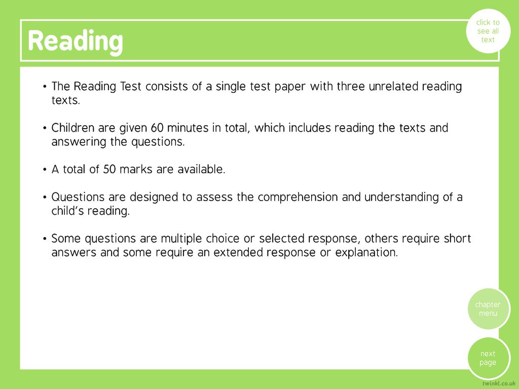 click to see all text Reading. The Reading Test consists of a single test paper with three unrelated reading texts.