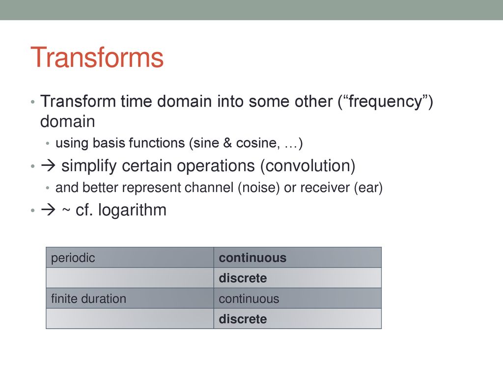 Transforms Transform time domain into some other ( frequency ) domain