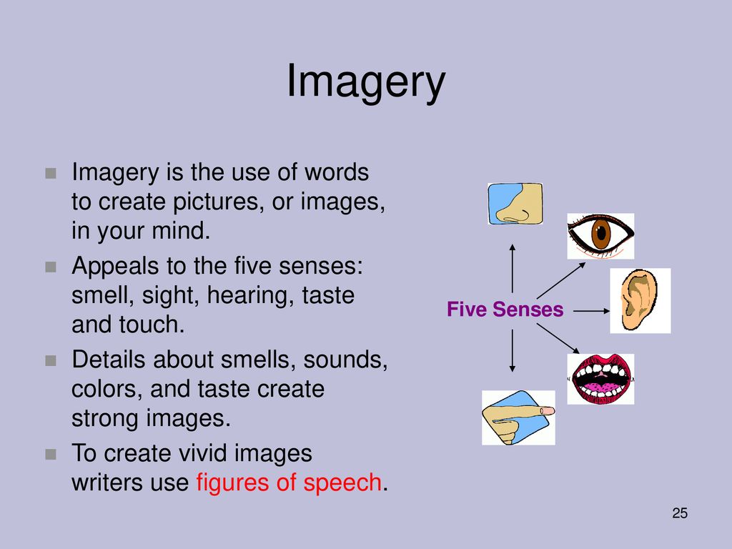 Imagery Imagery is the use of words to create pictures, or images, in your mind. Appeals to the five senses: smell, sight, hearing, taste and touch.