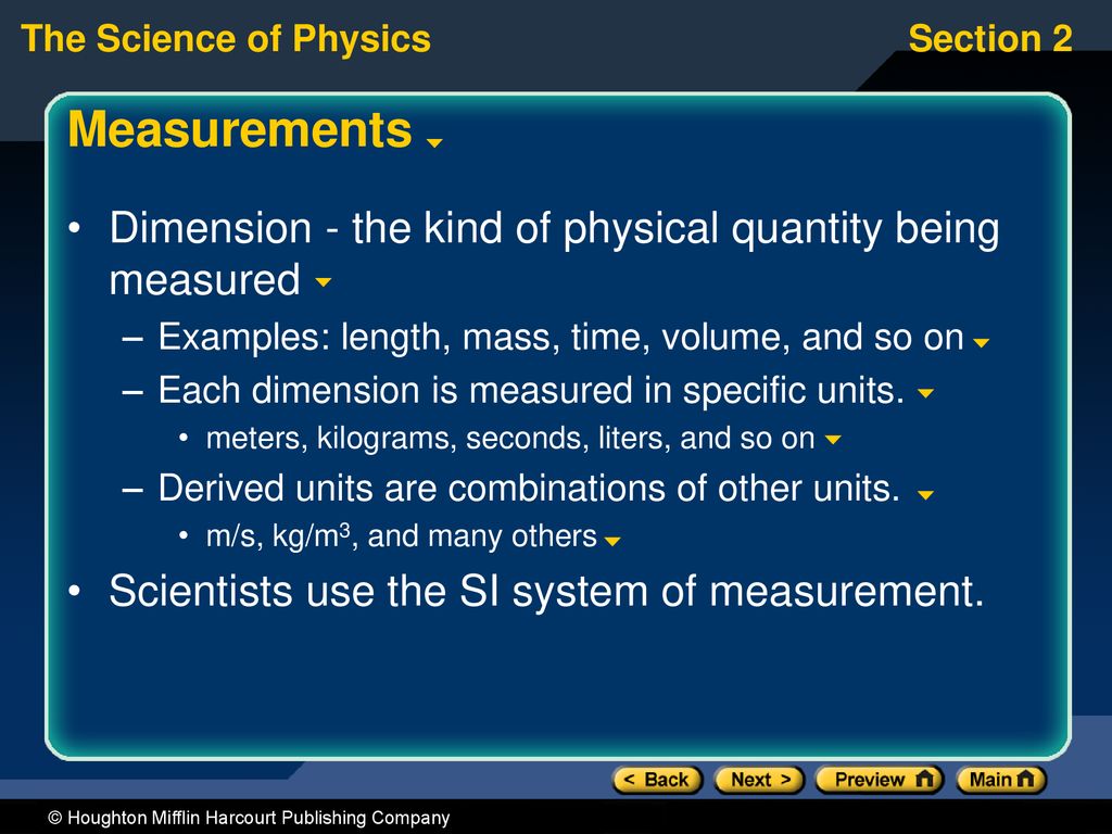 Measurements Dimension - the kind of physical quantity being measured