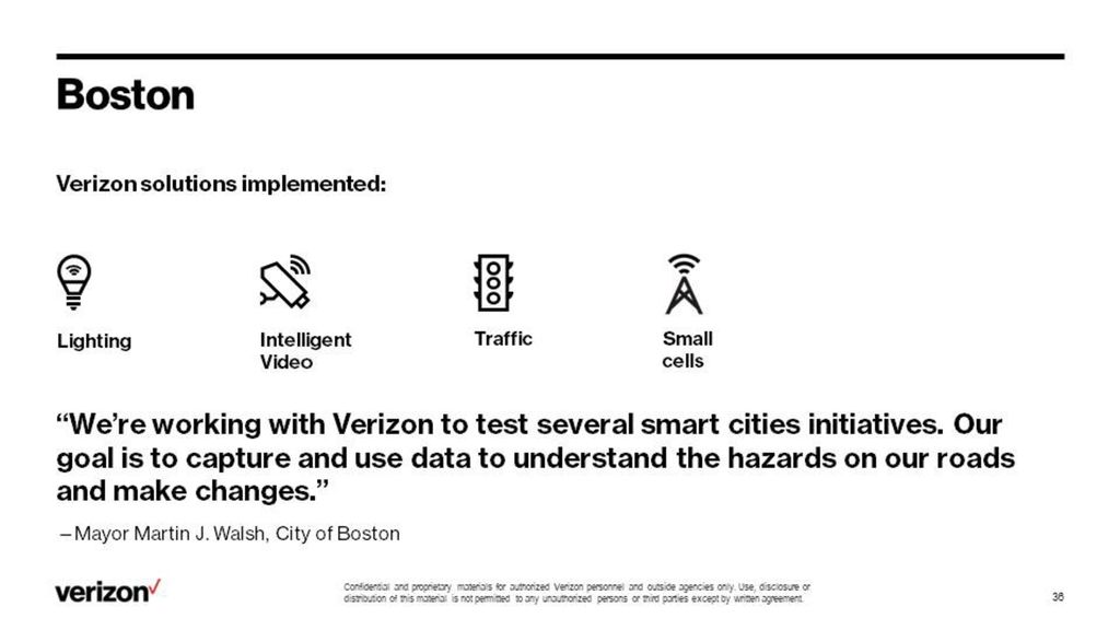 In order to achieve this life-saving goal, the city of Boston deployed a pilot version of the Verizon Vision Zero solution (Intersection Safety Analytics) at the Massachusetts Avenue and Beacon Street intersection in order to gain valuable insights about potential hazards so that safety and traffic-flow improvements could be made. A combination of the Verizon Intelligent Lighting, Intelligent Video and Intelligent Traffic Management solutions was used to aid Boston in its Vision Zero endeavor. Highlights of the solution include: