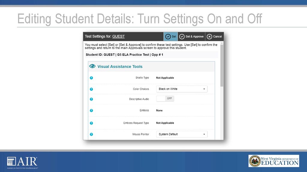 Editing Student Details: Turn Settings On and Off