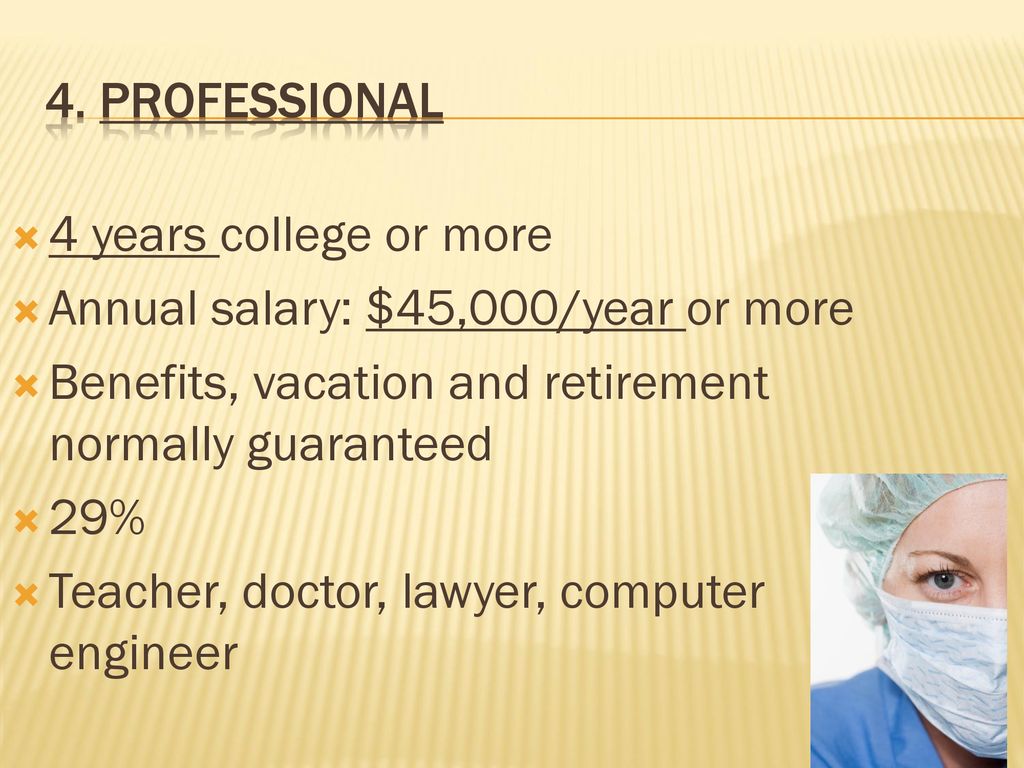4. Professional 4 years college or more. Annual salary: $45,000/year or more. Benefits, vacation and retirement normally guaranteed.