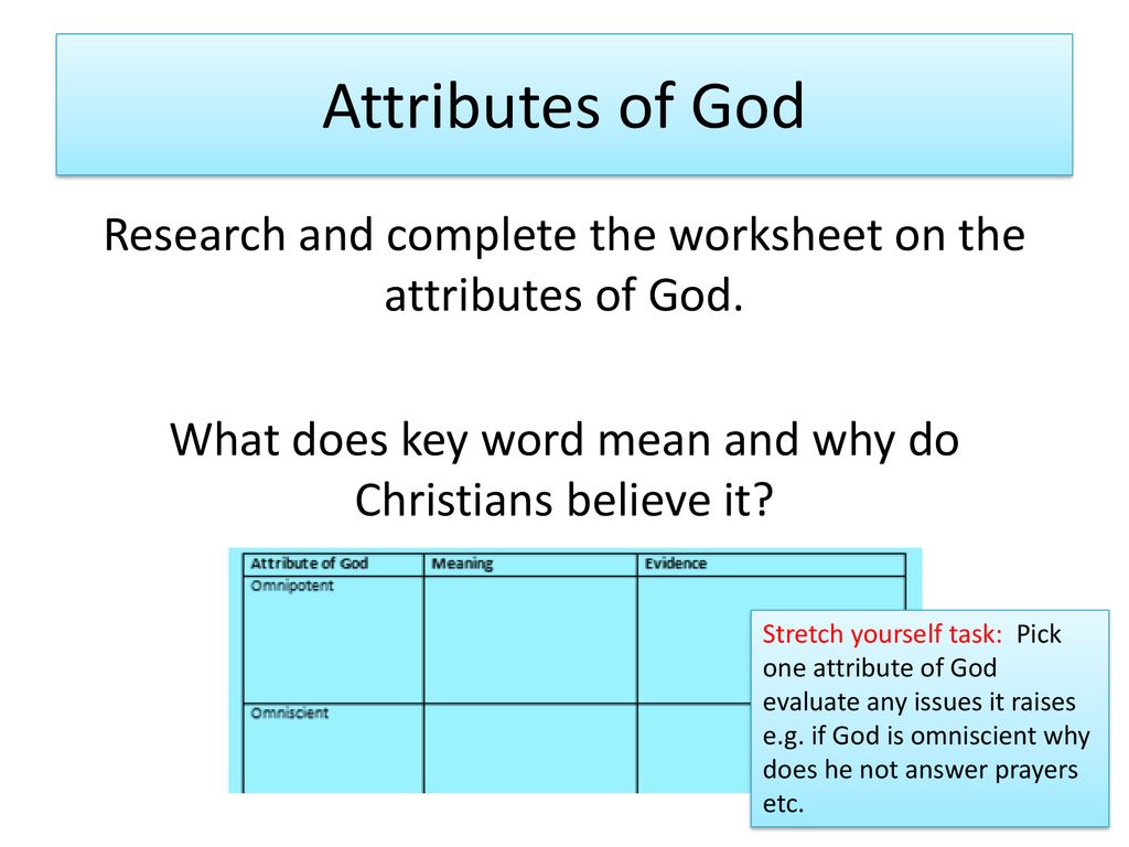 Attributes of God Research and complete the worksheet on the attributes of God. What does key word mean and why do Christians believe it
