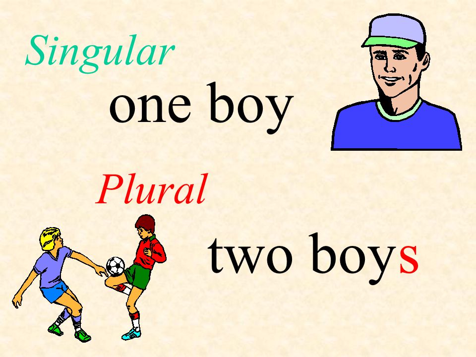 Singular one boy Plural two boy s