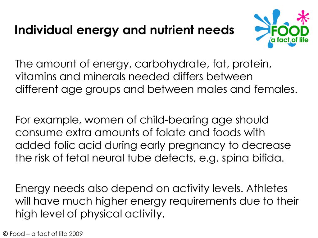 Individual energy and nutrient needs