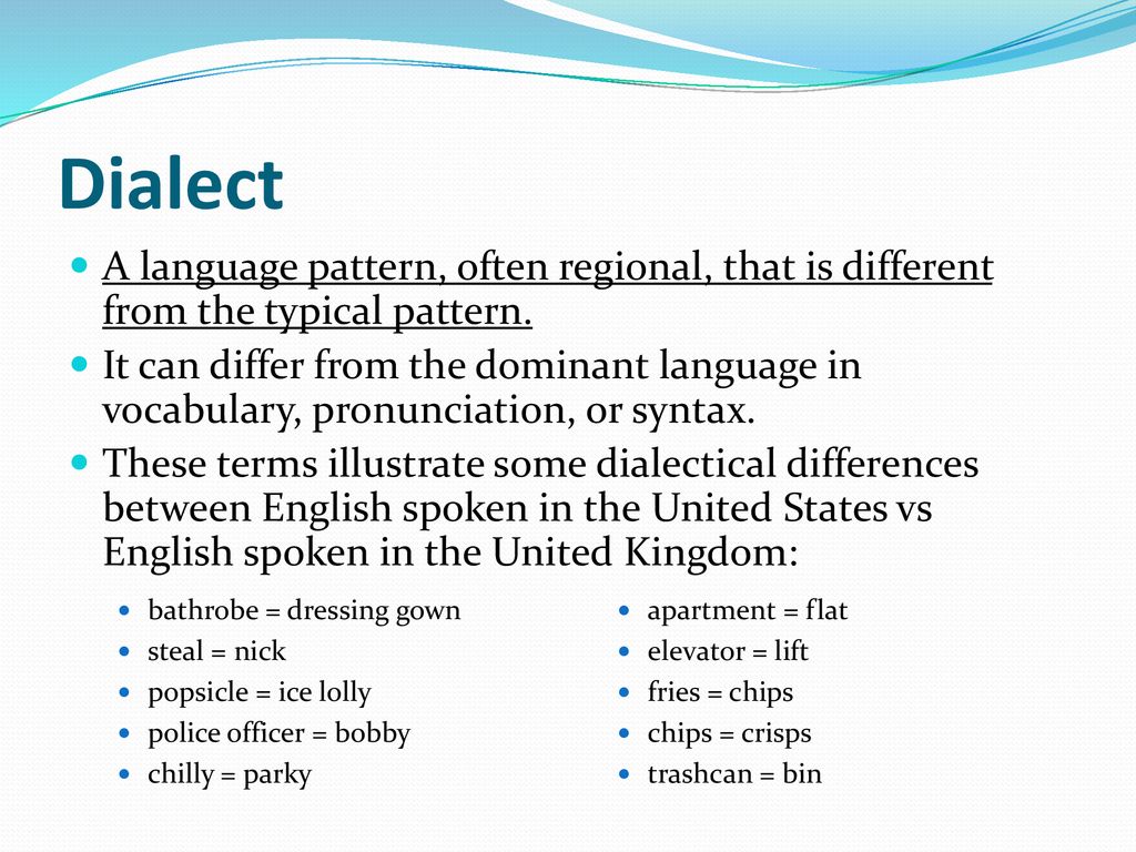 Dialect+A+language+pattern%2C+often+regional%2C+that+is+different+from+the+typical+pattern.