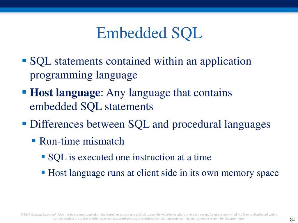 Embedded SQL SQL statements contained within an application programming language.