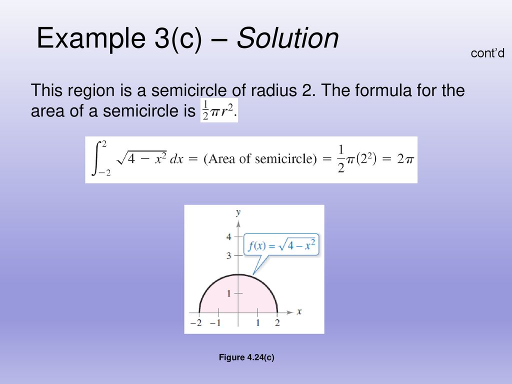 Example 3(c) – Solution cont’d. This region is a semicircle of radius 2. The formula for the area of a semicircle is.