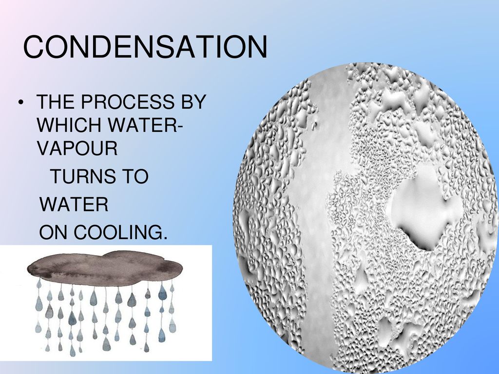 CONDENSATION THE PROCESS BY WHICH WATER- VAPOUR TURNS TO WATER