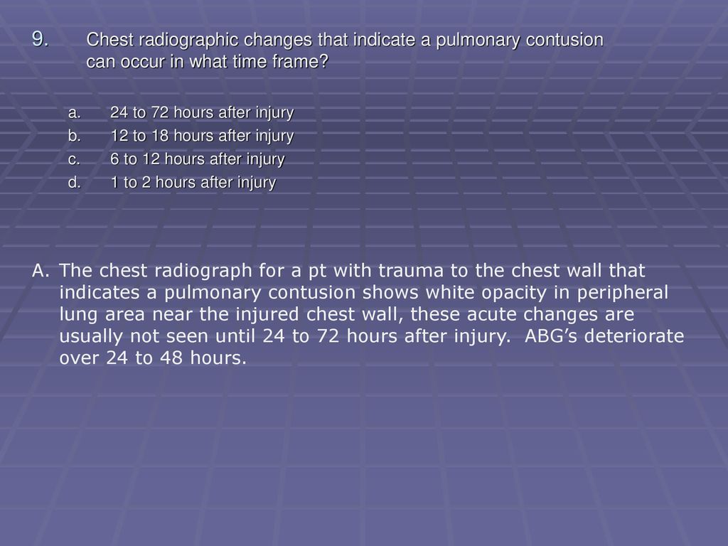 Chest radiographic changes that indicate a pulmonary contusion can occur in what time frame