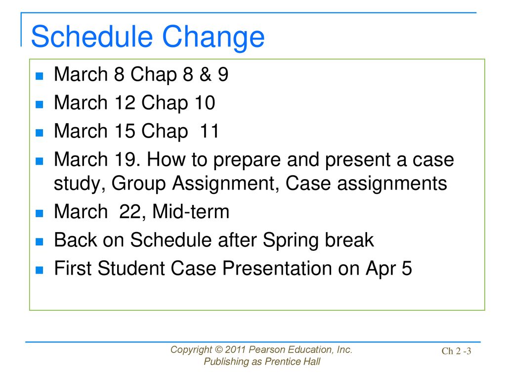 Schedule Change March 8 Chap 8 & 9 March 12 Chap 10 March 15 Chap 11