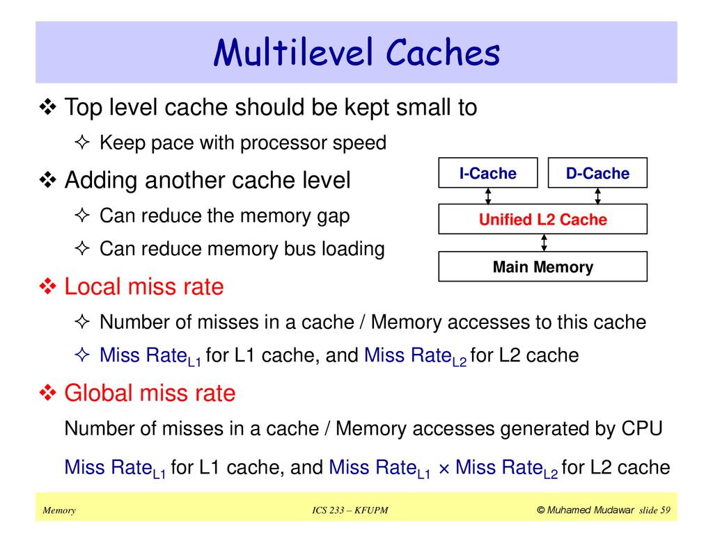 Multilevel Caches Top level cache should be kept small to