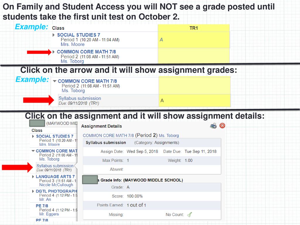 Click on the arrow and it will show assignment grades: