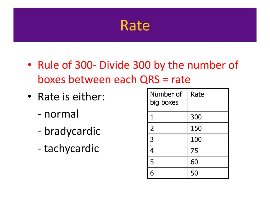 Rate Rule of 300- Divide 300 by the number of boxes between each QRS = rate. Rate is either: - normal.
