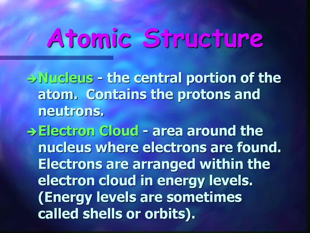 Atomic Structure Nucleus - the central portion of the atom. Contains the protons and neutrons.