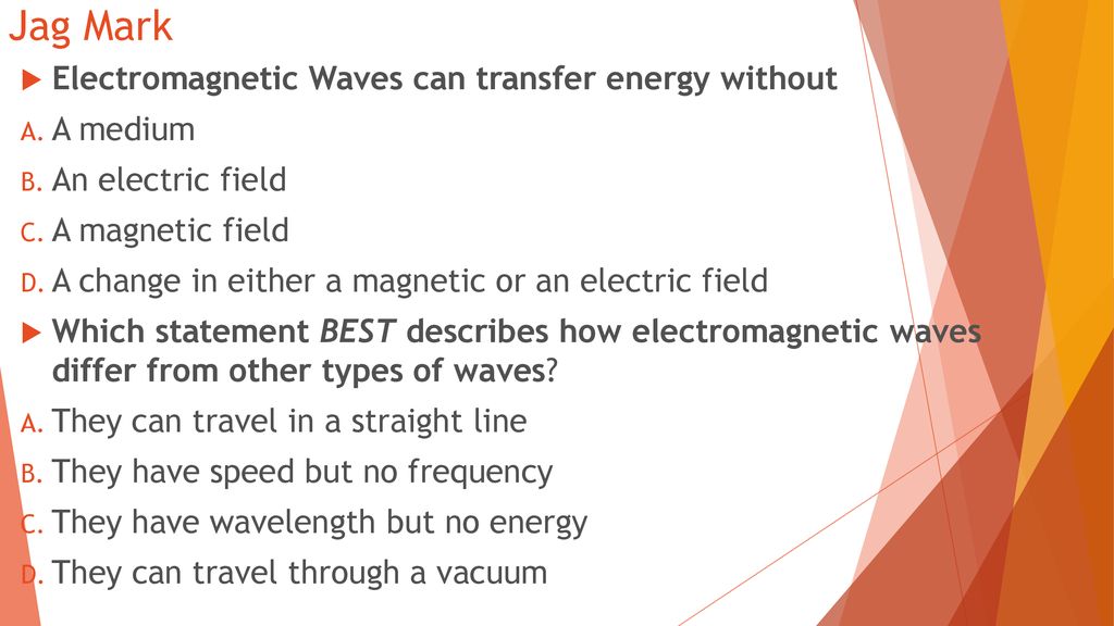 Jag Mark Electromagnetic Waves can transfer energy without A medium