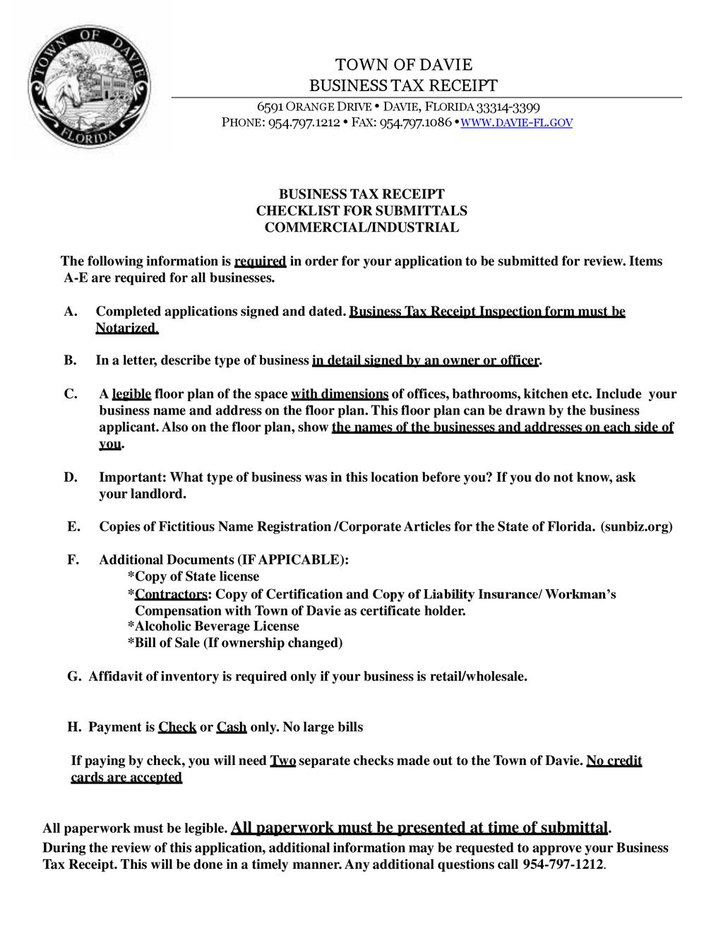 Business tax receipt checklist for submittals commercial industrial
