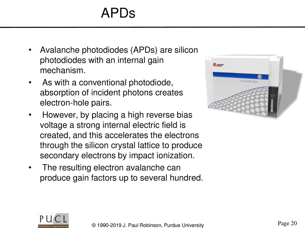 APDs Avalanche photodiodes (APDs) are silicon photodiodes with an internal gain mechanism.