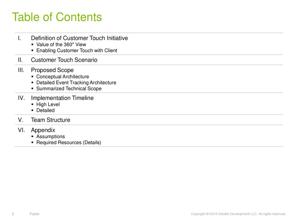 Table of Contents Definition of Customer Touch Initiative