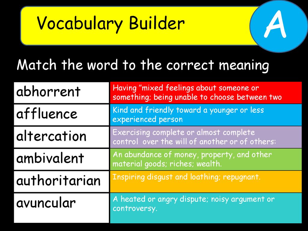 A Vocabulary Builder abhorrent Match the word to the correct meaning
