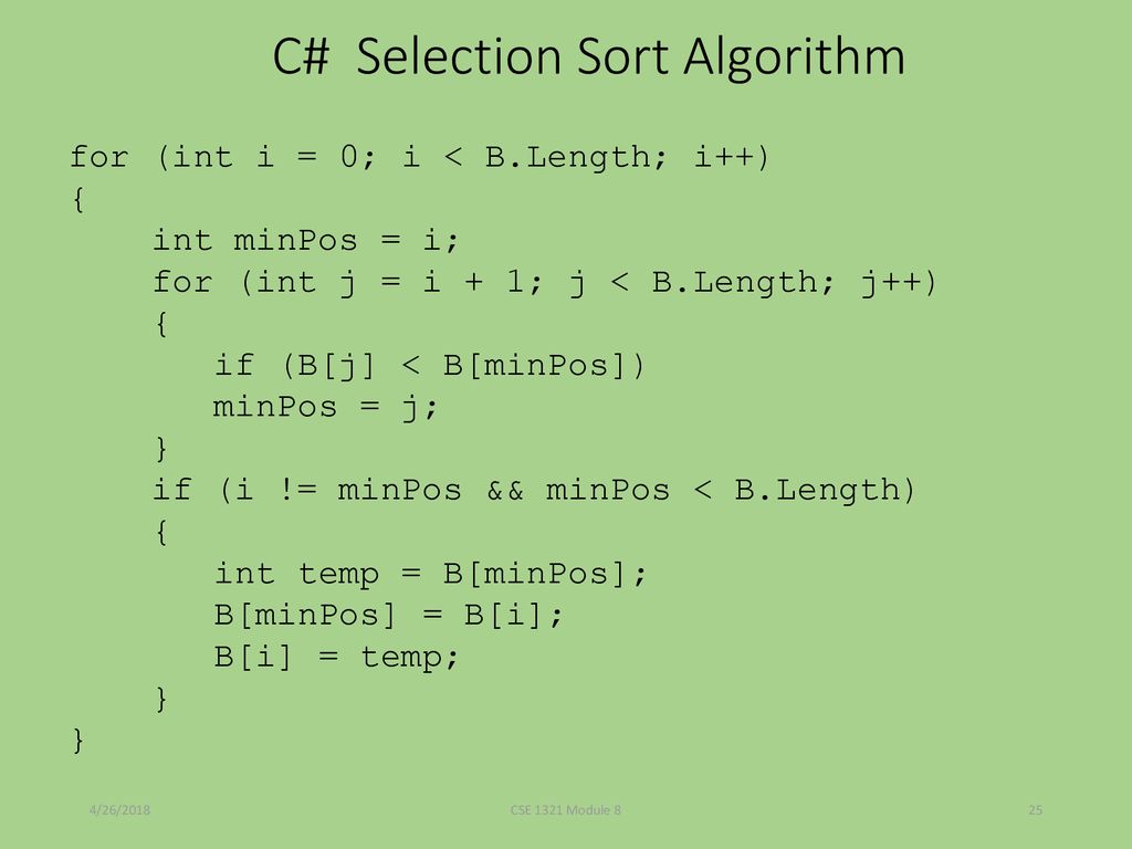 C# Selection Sort Algorithm