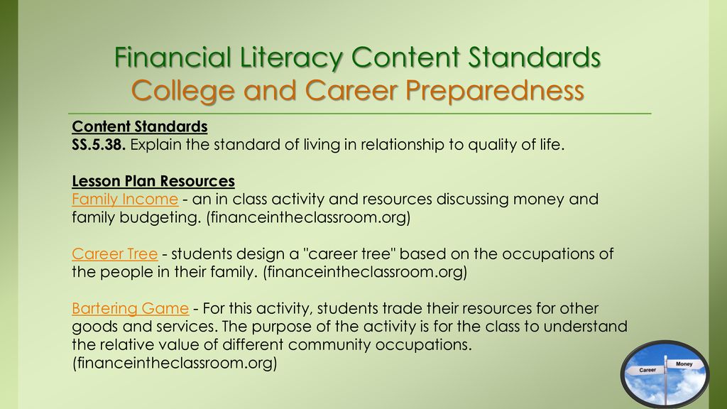 Financial Literacy Content Standards College and Career Preparedness