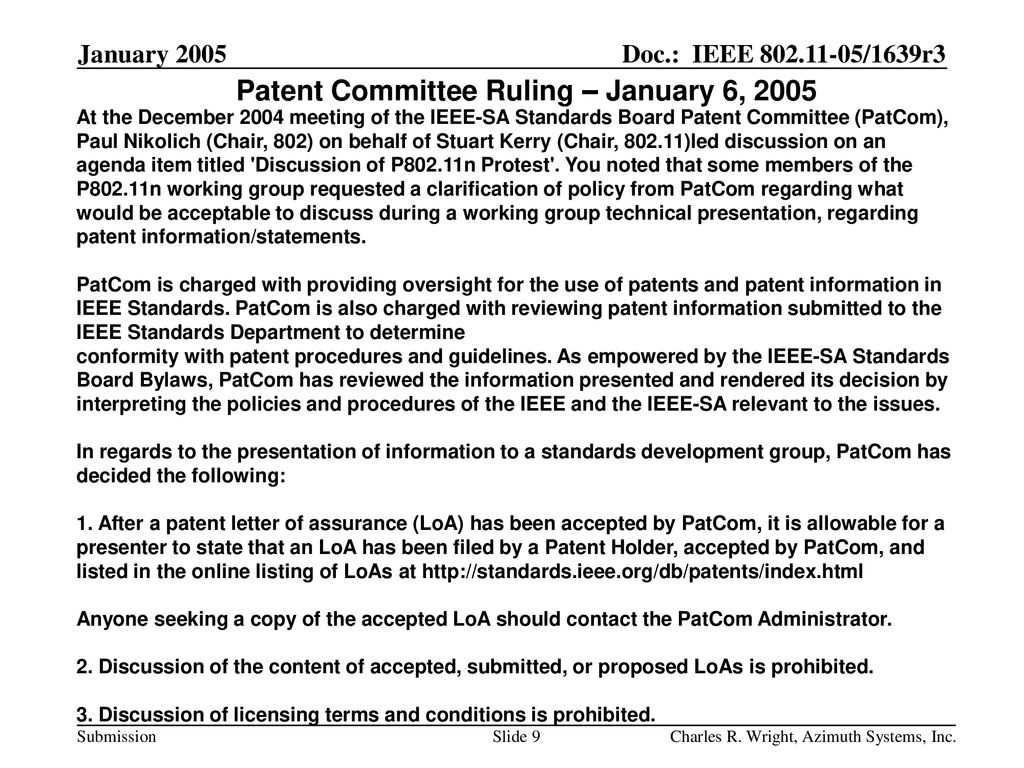 Patent Committee Ruling – January 6, 2005