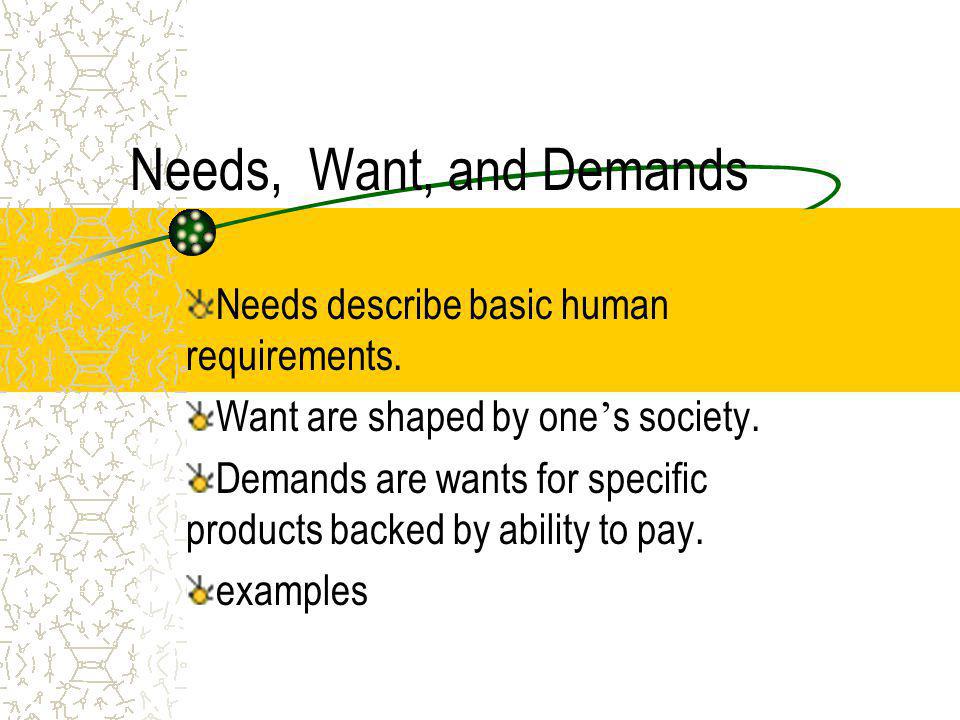 Needs, Want, and Demands Needs describe basic human requirements.