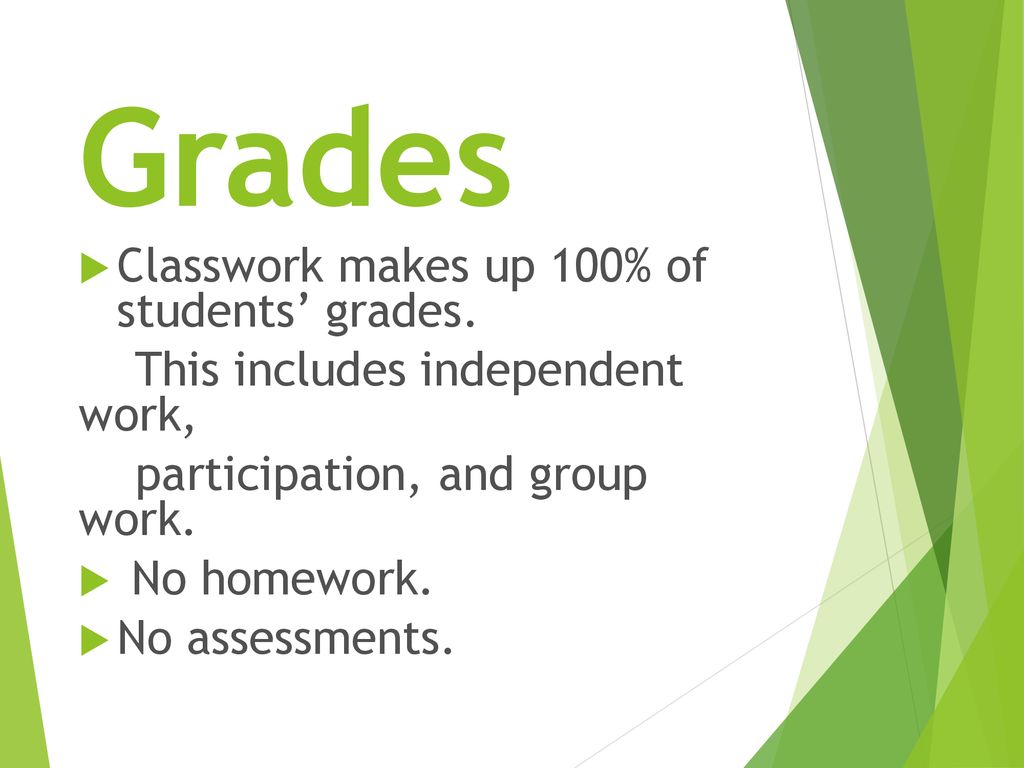 Grades Classwork makes up 100% of students’ grades.