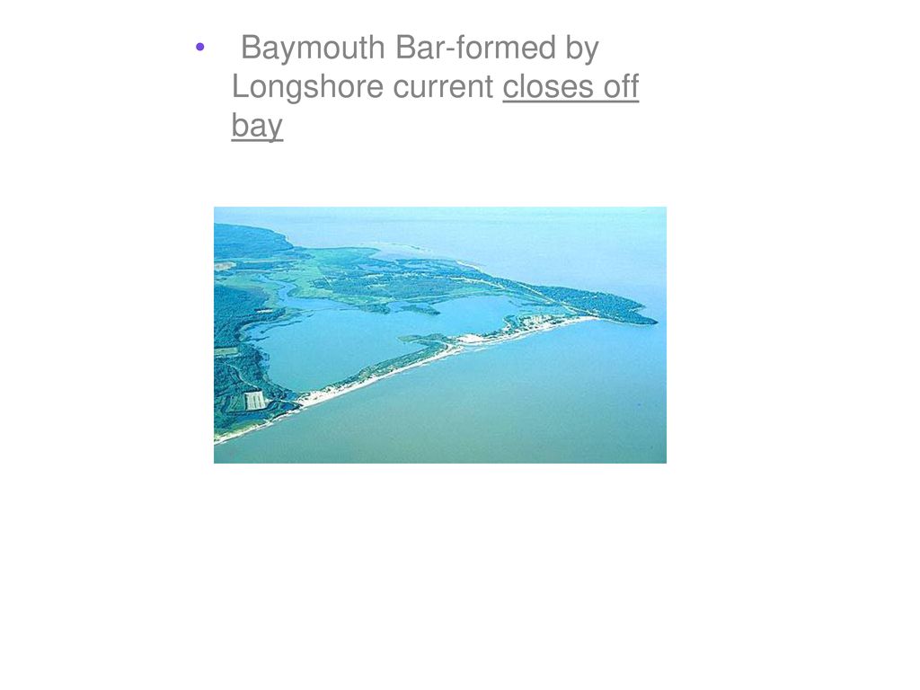 Baymouth Bar-formed by Longshore current closes off bay