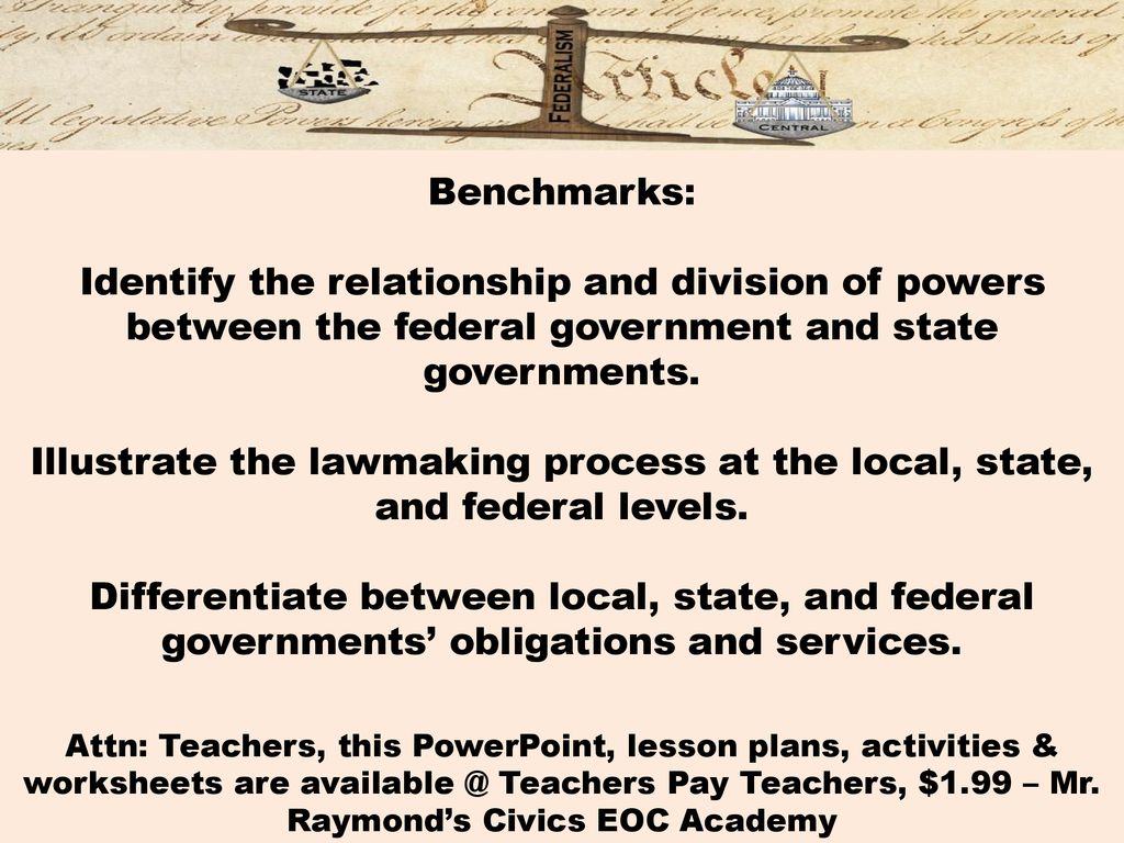 Benchmarks: Identify the relationship and division of powers between the federal government and state governments. Illustrate the lawmaking process at the local, state, and federal levels. Differentiate between local, state, and federal governments’ obligations and services.