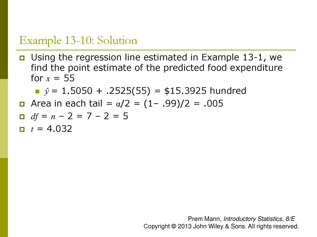 Example 13-10: Solution Using the regression line estimated in Example 13-1, we find the point estimate of the predicted food expenditure for x = 55.