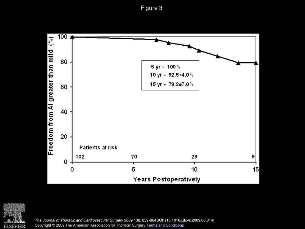 Figure 3 Kaplan–Meier estimates on freedom from aortic insufficiency (AI) greater than mild after aortic valve–sparing operations.