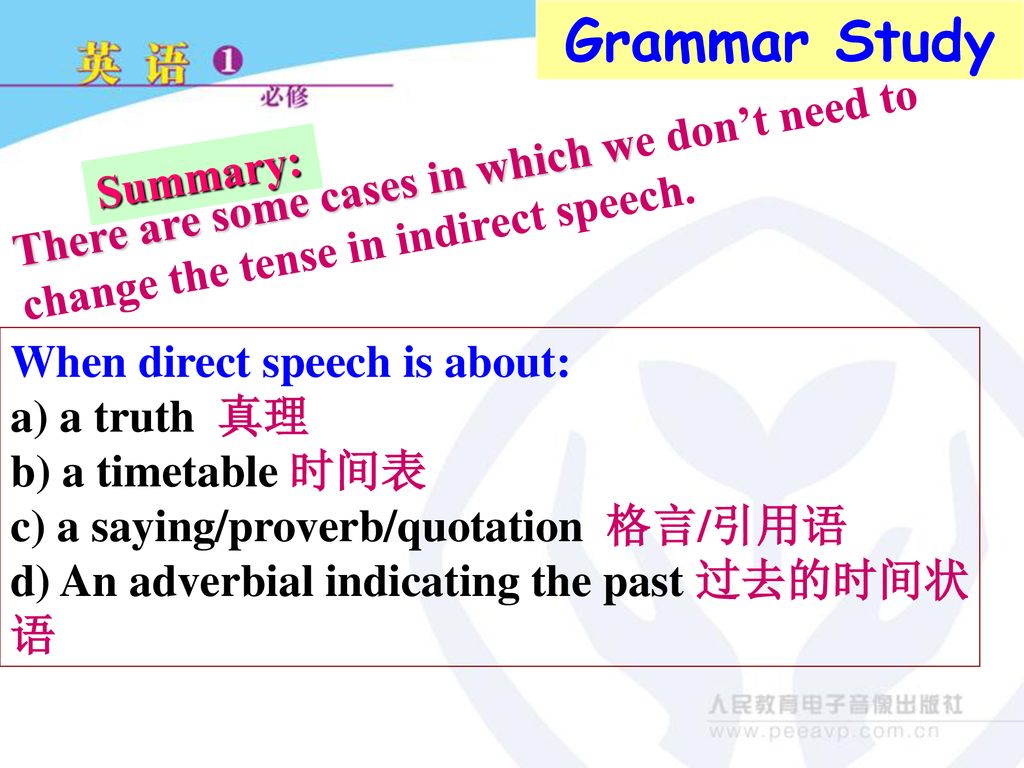 Grammar Study There are some cases in which we don’t need to change the tense in indirect speech. Summary:
