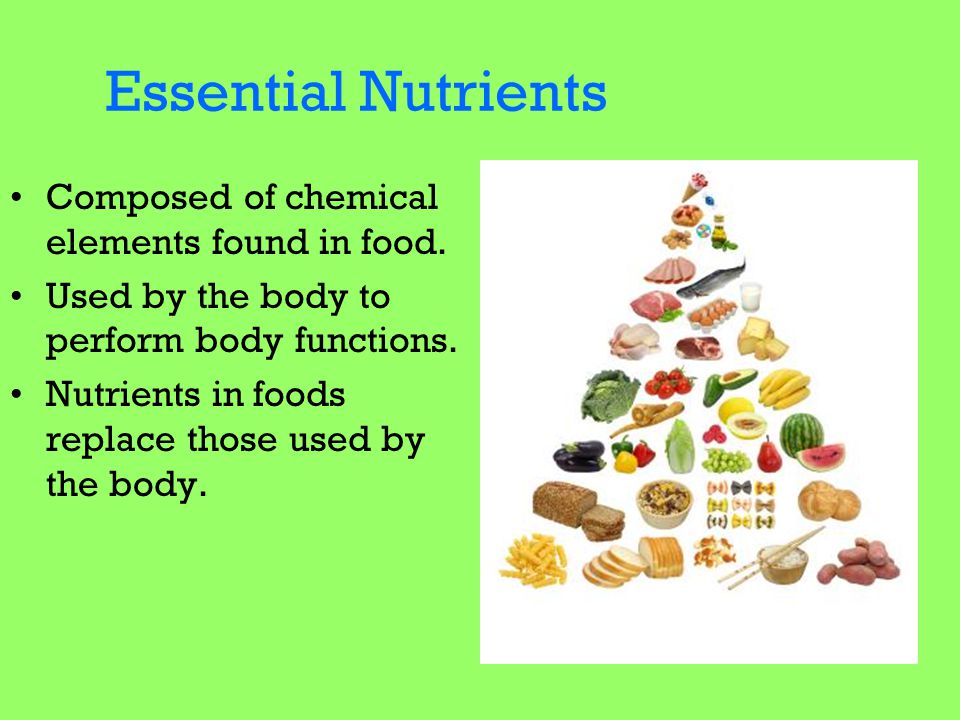 Essential Nutrients Composed of chemical elements found in food.