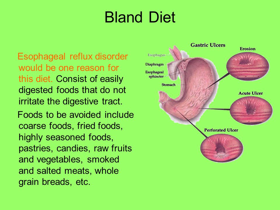 Bland Diet Esophageal reflux disorder would be one reason for this diet. Consist of easily digested foods that do not irritate the digestive tract.