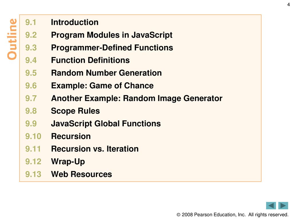 9.1 Introduction 9.2 Program Modules in JavaScript. 9.3 Programmer-Defined Functions. 9.4 Function Definitions.