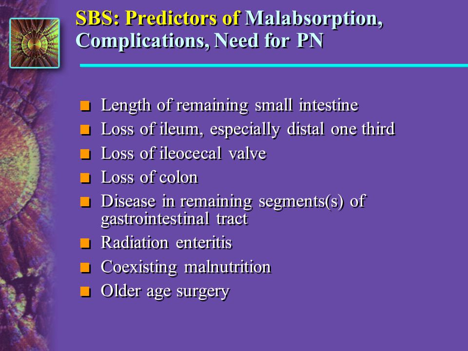 SBS: Predictors of Malabsorption, Complications, Need for PN