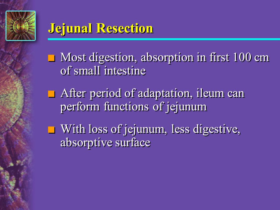 Jejunal Resection Most digestion, absorption in first 100 cm of small intestine.