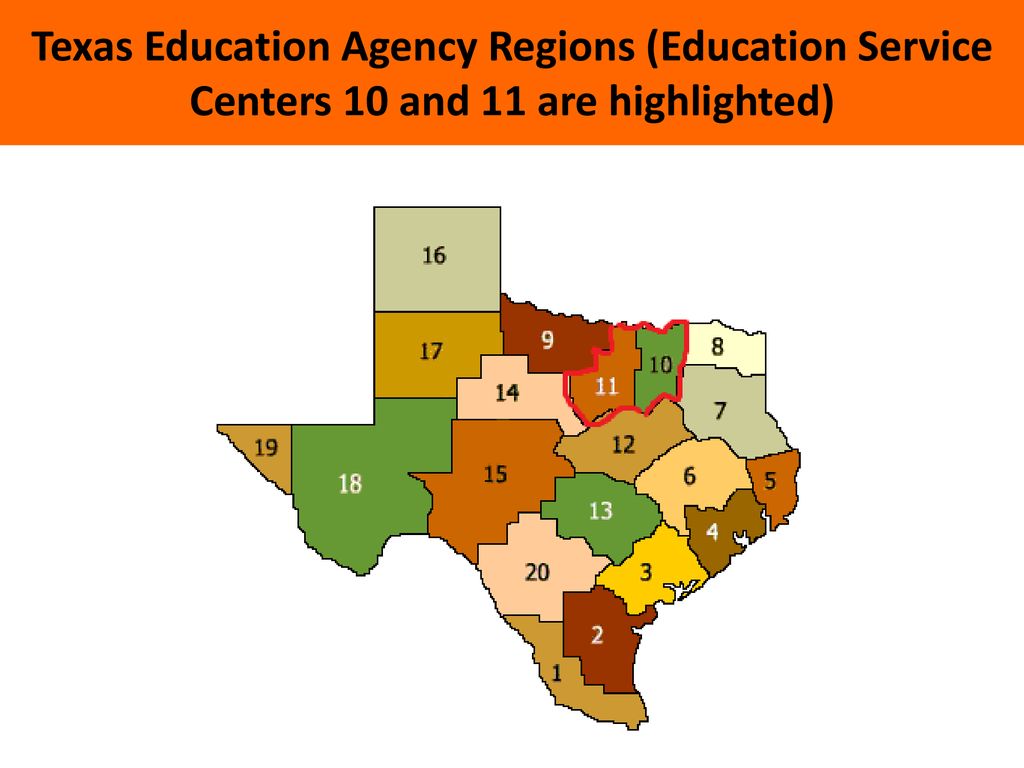 Texas Education Agency Regions (Education Service Centers 10 and 11 are highlighted)