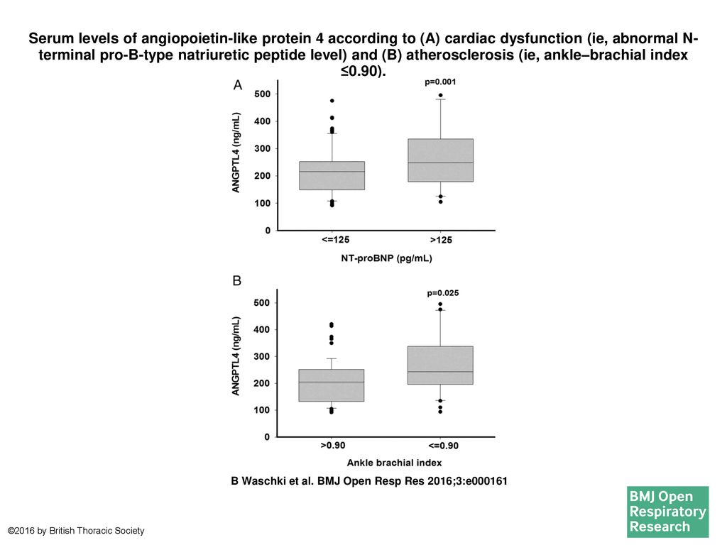 Serum levels of angiopoietin-like protein 4 according to (A) cardiac dysfunction (ie, abnormal N-terminal pro-B-type natriuretic peptide level) and (B) atherosclerosis (ie, ankle–brachial index ≤0.90).
