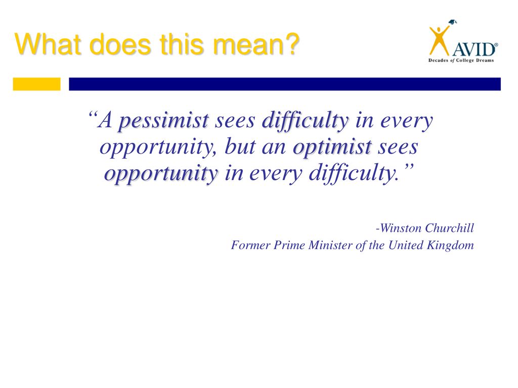 What does this mean A pessimist sees difficulty in every opportunity, but an optimist sees opportunity in every difficulty.
