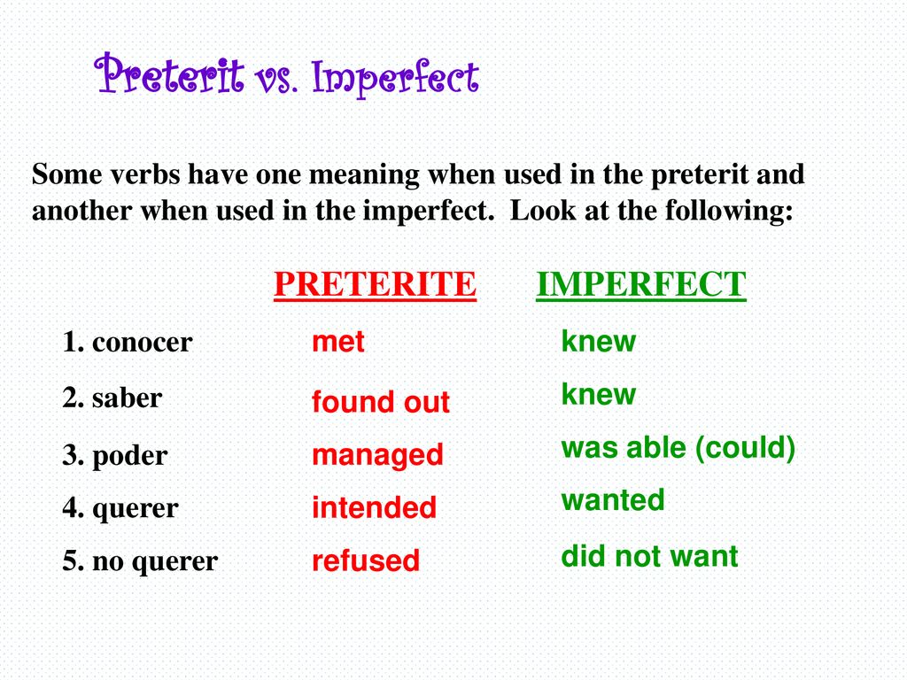 Preterit vs. Imperfect PRETERITE IMPERFECT.